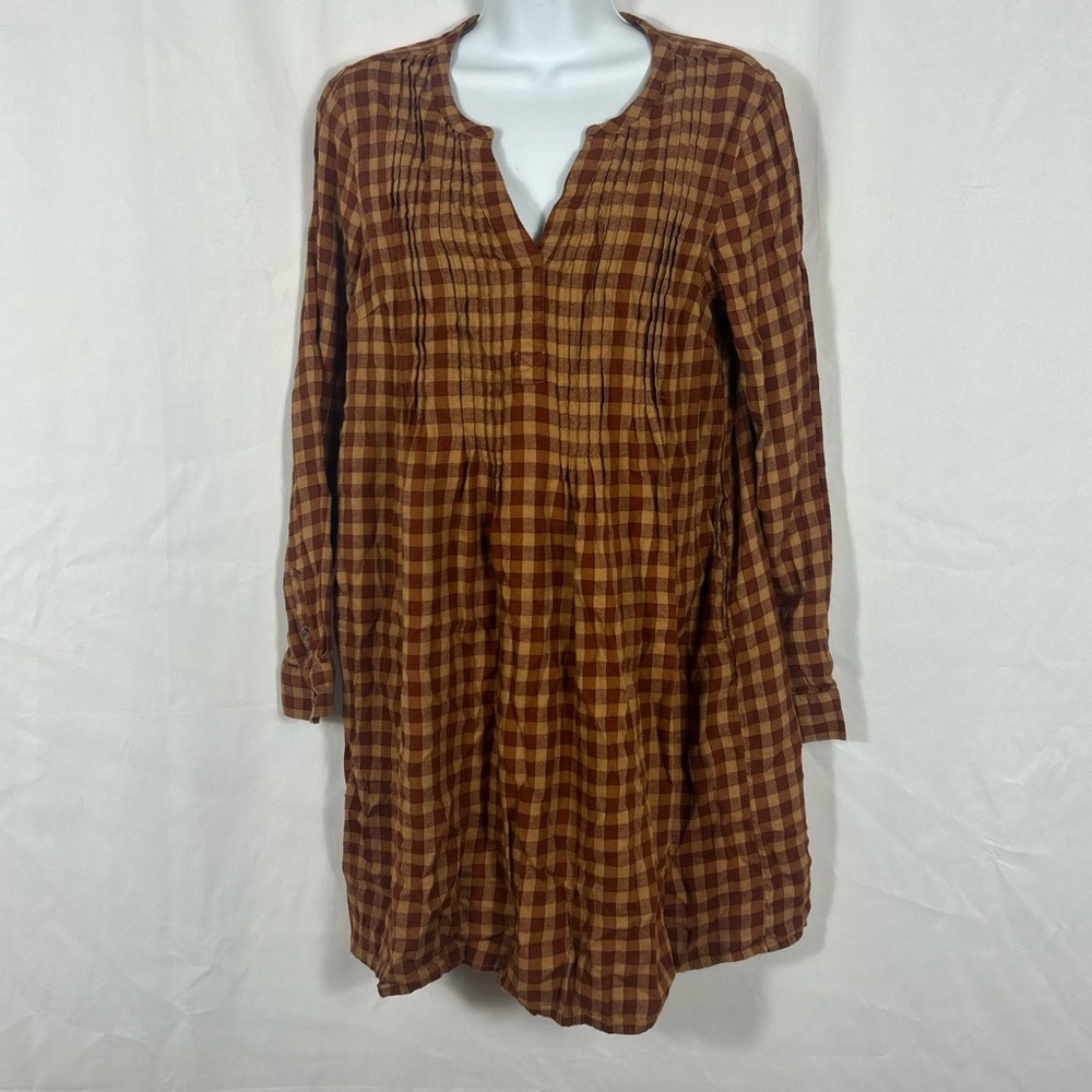 Sonoma pleated Plaid flannel Cotton blend long sleeve minidress pockets SP
